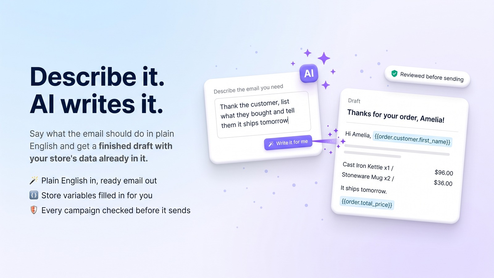 Describe the email you need and the AI assistant writes the draft with your store's data